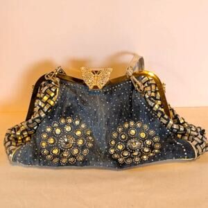 Jeweled Denim Handbag w Butterfly Clasp Gold and Silver